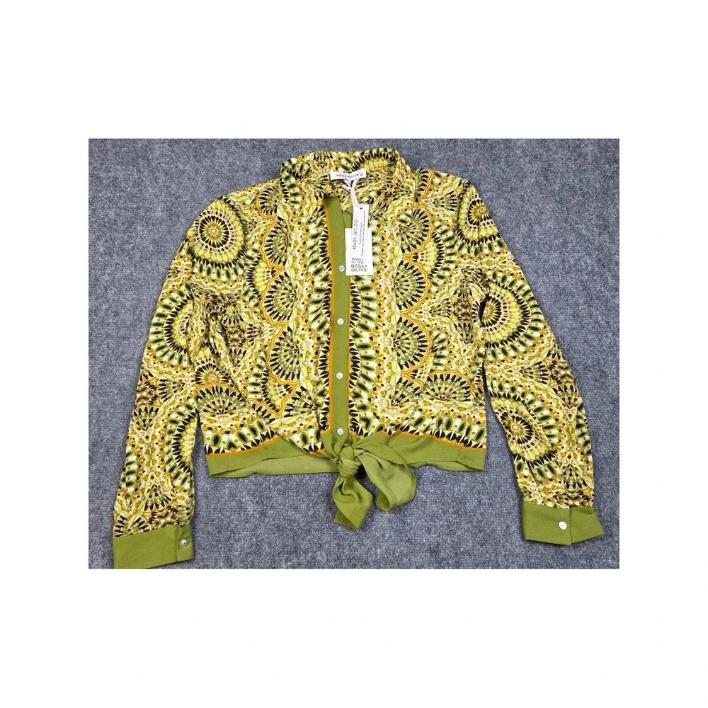 Rose Olive Geometric Print Button Up Shirt Women's Green